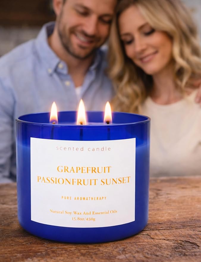 Grapefruit Passionfruit Sunset 3-Wick Soy Candle | Large Aromatherapy Scented Candle for Home 15.8oz | Fresh Tropical Citrus Stress Relief Candle | Clean Burn | Relaxation Gift for Women & Men