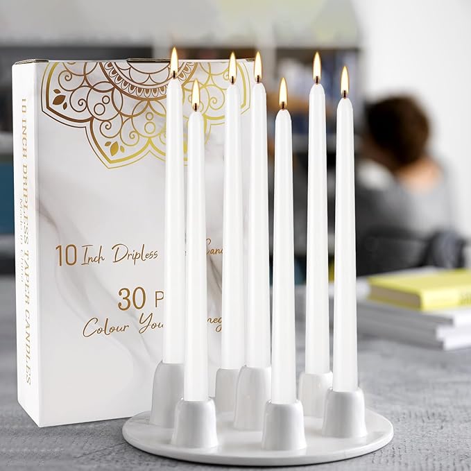30 Pack 10 inch White Taper Candles, 7-7.5 Hour Burn Time,Unscented Dripless and Smokeless, Elegant Premium Quality Dinner Candle for Home Décor, Restaurant, Wedding, Party Candlesticks