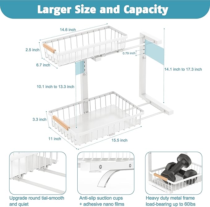 Liuoud Under Sink Organizer Storage 1 pack, 2 Tier Slide Out Height Adjustable Pull Out Cabinet Organizer Drawers, Kitchen Bathroom Large Capacity Metal Under Sink Rack Caddy Basket Shelves, White