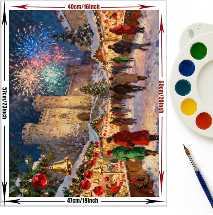 EnLvYY Christmas Market Paint by Numbers Adult 16x20 Inch, DIY Acrylic Painting Kit for Beginners, Castle Fireworks Holiday Night Scene Wall Art Home Decoration, Gift for Family and Friends, Unframed