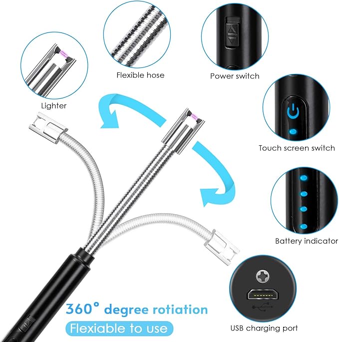 Candle Lighter, Plasma Electric Arc Lighters with 360¡ã Flexible Long Neck and LED Battery Display, USB Rechargeable Windproof Flameless for Camping Kitchen Grill Candle (Black)