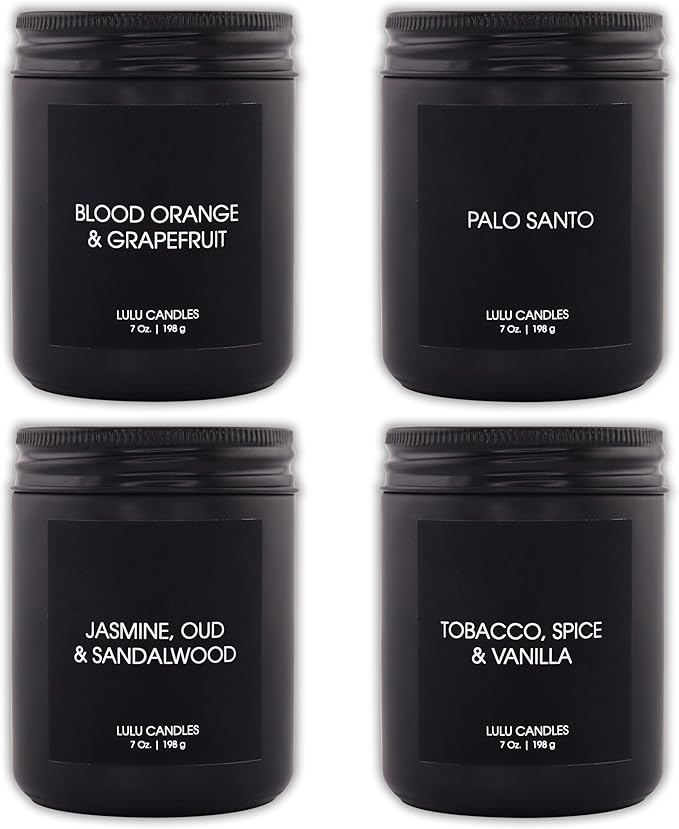 Lulu Candles | 4 Pack Scented Candles Gift Set | Gift Set for Home, Men, and Women | Jasmine, Oud & Sandalwood, Blood Orange & Grapefruit, Tobacco, Spice & Vanilla, and Palo Santo (4PCS - 7 Oz/Each)