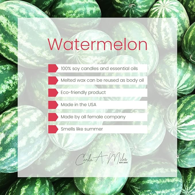 Organic Soy Wax Watermelon Scented Candle - 100% Pure Soy Wax & Essential Oils - Fruity Aroma - Long Burning time and Non Toxic - Made in USA (8oz)