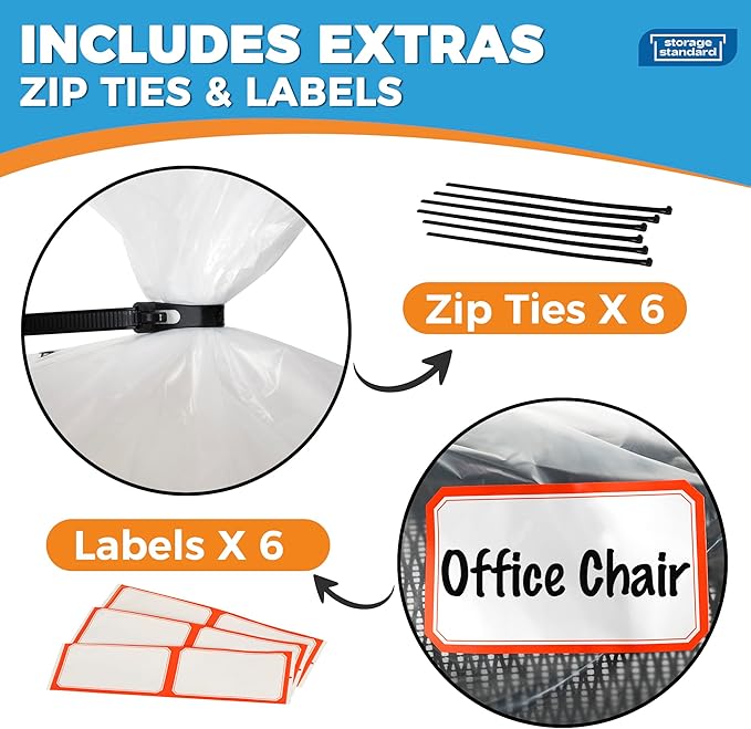 Storage Standard Large Clear Plastic Bags for Storage 6-Pack - Waterproof Extra Large Plastic Bags with Zip Ties, Heavy-Duty Cover for Rugs, Patio Cushions, Décor & Oversized Items - 45 x 65 Inches