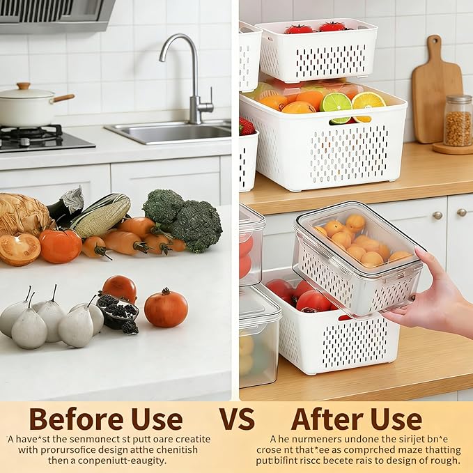 4 in 1 Food Storage Container, Berry Containers For Fridge & Veggie Tray With Lid For Fridge. Airtight Stackable Fruit Bowl With Removable Draining Colander, Premium Kitchen Camper RV Organization
