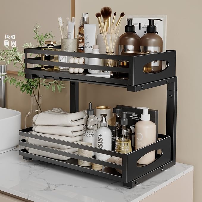 Under Sink Organizer, 2 Tier Under Sink Organizers and Storage, Adjustable Height, Slide out Metal Cabinet Organizers, Pull out Cabinet Storage Drawer Shelf for Kitchen Bathroom (Black, 1 Pack)