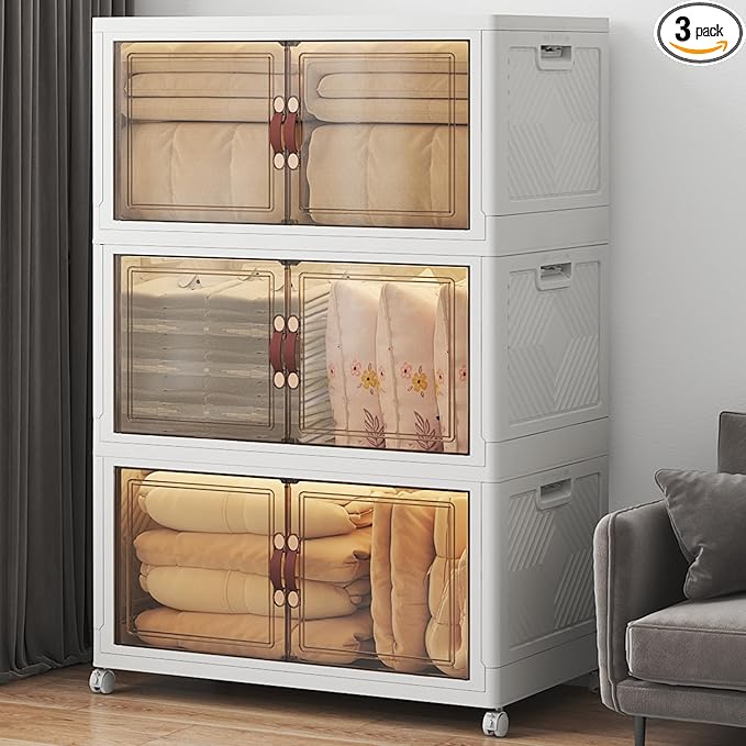 UAMFURI Stackable Storage Bins with Lids, 540QT Closet Organizers, Lockable Storage Cabinet，Foldable Storage Box with Doors and Wheels, Plastic Drawers for Home, Garage, Office (3, White, Extra Large)