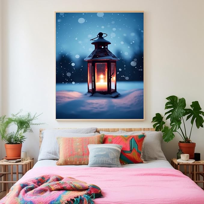 GUAIEUW Winter Candlelight Diamond Painting Kits DIY 5D Crystal Full Round Diamond Painting, Handmade Art for Living Room Home Wall Decor Birthday Gift 18x24 Inch