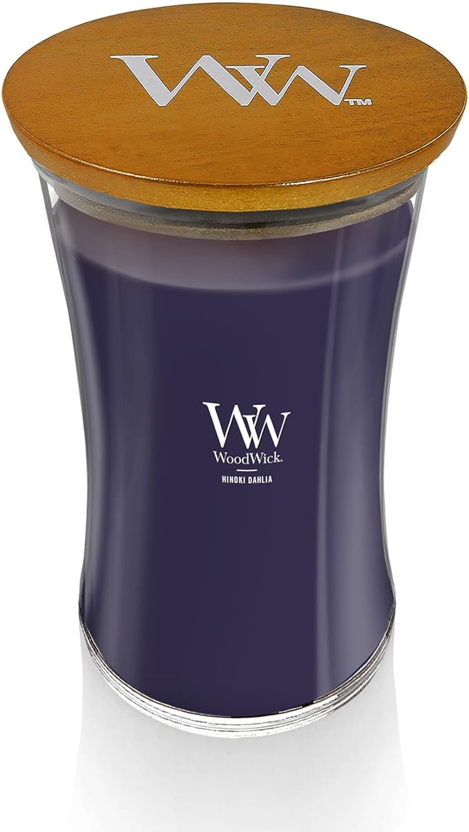 WoodWick Large Hourglass Candle Hinoki Dahlia - Premium Soy Blend Wax Pluswick Innovation Wood Wick Made in USA