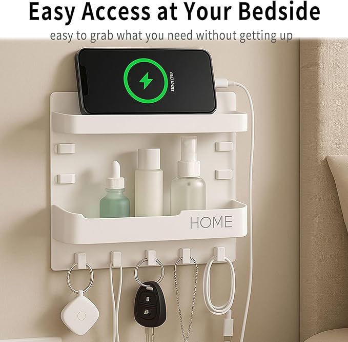 Wall Mount Bedside Shelf with Hooks, Adhesive Bedroom Organizer Storage for Phone, Remote, Kindle, Earphone, Dorm Room, RV, Office – Plastic Storage Rack (White)