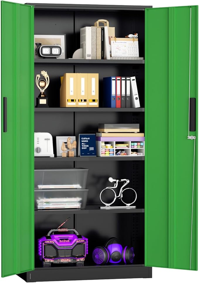 Superday Metal Storage Cabinets, 72" Storage Cabinet with Locking Door, Tall Garage Cabinet with 2 Doors and 4 Adjustable Shelves for Home Office, Classroom, Easy Assemble(Black Green)