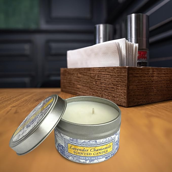 Greenwich Bay Hand-Poured Scented Candle in Decorative Tin – 4 oz/114 g Travel Candle with Lead-Free Wick, Vegetable Wax, Long-Burning Aromatherapy Gift, Single Wick – Made in USA (Lavender)
