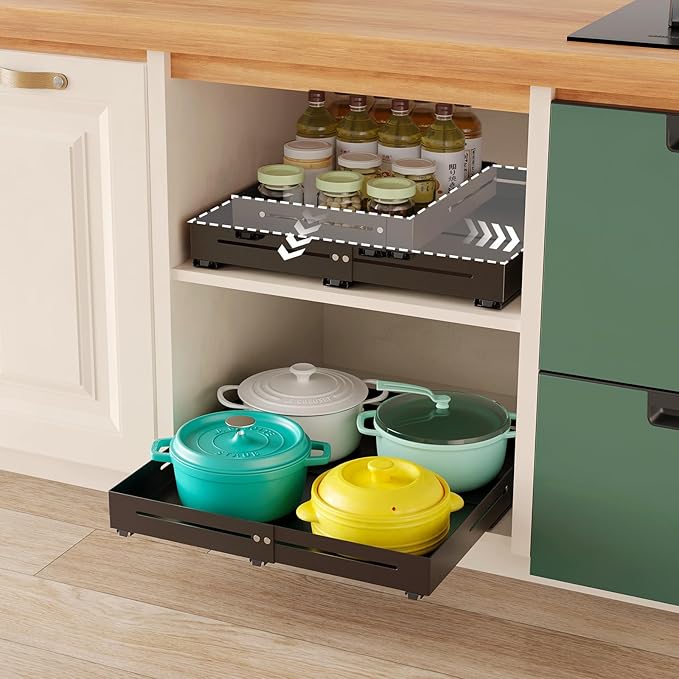 Pull out Cabinet Organizer, Full Metal Expandable Width (14.8"-20.8") & Depth (12.4"-17.7") Adjustable Slide out Drawers, No Drill Adhesive Roll out Shelves for Kitchen Pantry, Black