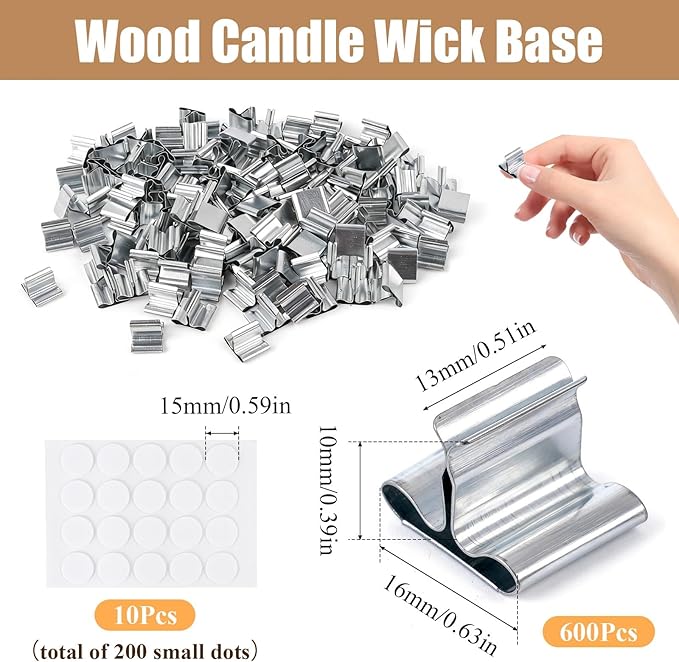 600 Pcs Wick Clips for Candle Making, Silver Metal Wicks Bases with 200 Pcs Adhesive Sticky Back Dots, Wood Wick Holder Base for DIY Candle Making - Strong Grip & No-Slip Design