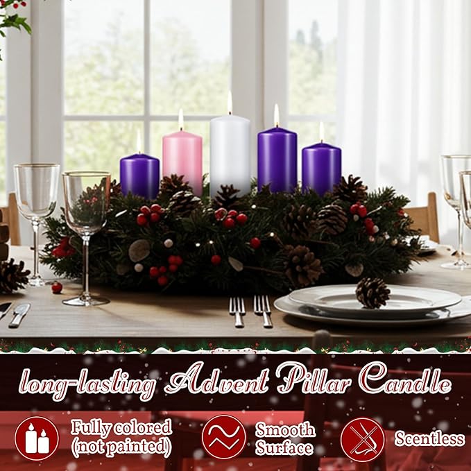 Amylove 10 Pcs 3 x 4 Inch Advent Pillar Candles Set Pink Purple Christmas Unscented Lasting Burning Church Candles for Advent Wreath Holiday Gifting