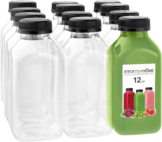 12 oz Juice Bottles with Caps for Juicing (12 pack) - Reusable Clear Empty Plastic Water Bottles - Drink Containers for Mini Fridge, Juicer Shots Includes Labels, Brush & Funnel