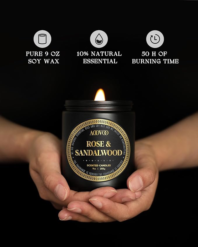 AOOVOO Scented Candles for Men - 4 Pack Candles for Home Scented, 36oz Soy Wax, 200 Hour Burn Time, Men Candle Set, Rose Sandalwood/Whiskey Caramel/Lavender/Leather Candle Set T