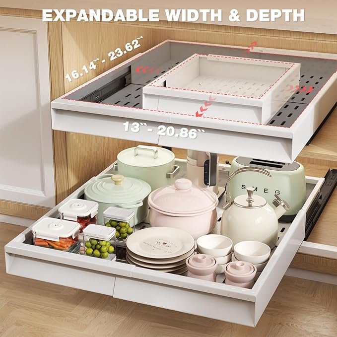 4 Pack Pull Out Cabinet Organizer With Raising Pad for Framed Cabinets,Expandable Width (13"-21") and Depth (17"-24"),3 Slide Rails Slide Out Drawers with Handle,No-Drill Roll Out Shelf,White