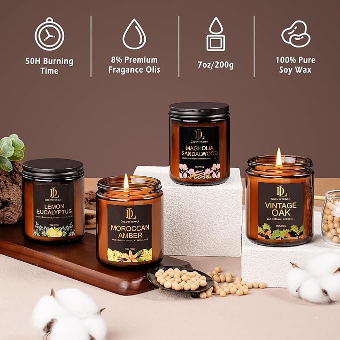 Candles Gifts for Women Men, Candle for Home Scented, 4Pack 28oz Soy Candles Set, Scents of Lemon Eucalyptus/Moroccan Amber/Magnolia & Sandalwood/Vintage Oak