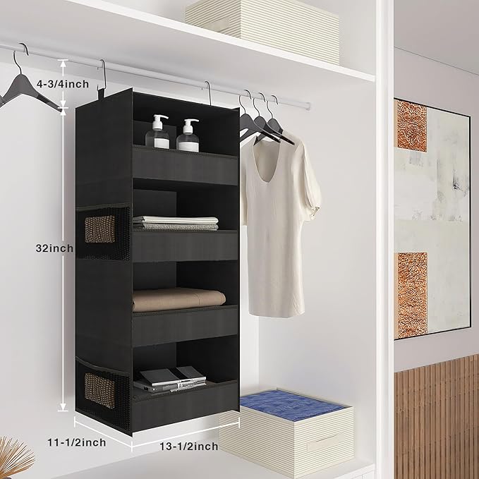 4-Shelf Hanging Closet Organizer and Storage Foldable Hanging Closet Shelves Front Lip Design Washable Hanging Storage, Black
