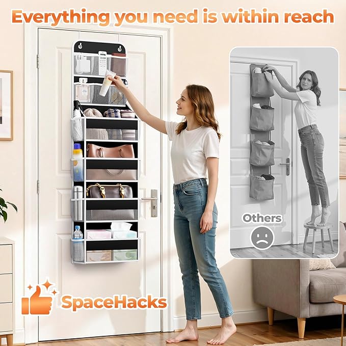 SpaceHacks 6-Tier Over the Door Organizer with Mesh Pockets, Baby Nursery Storage for Closet, Bathroom and Bedroom, Adjustable Hanging Closet Organizer for Cosmetics, Books and Essentials（Black）