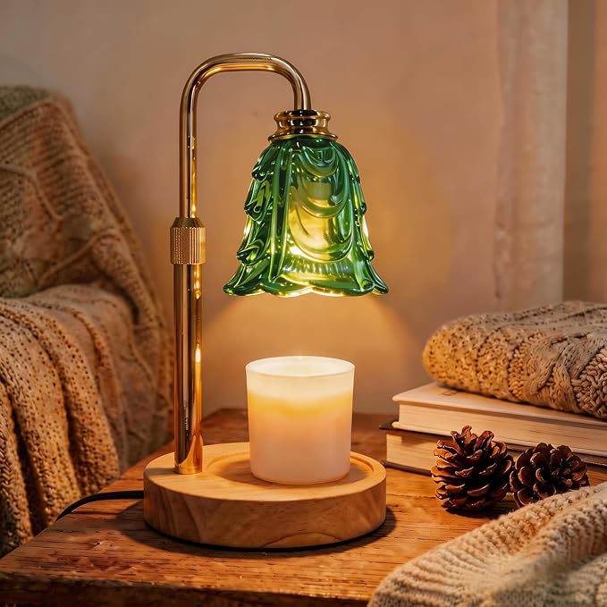 Candle Warmer Lamp with Timer & Dimmer, Adjustable Height Flower Candle Warmer for Jar Candles, Flameless Wax Melter with 2 Bulbs, Home Decor, Christmas, Birthday, Valentine's Gift for Women (Green)