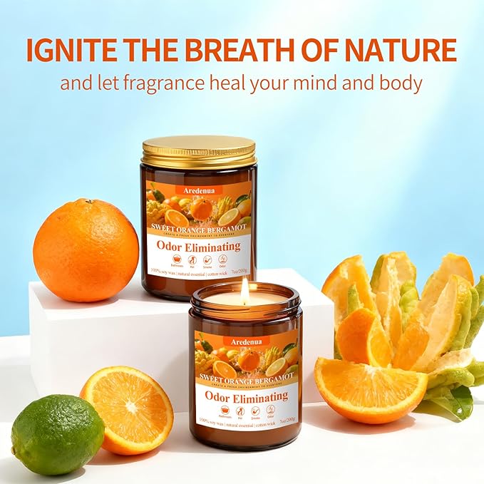 Sweet Orange Bergamot Odor Eliminating Candles | Eliminates 95% of Pet, Smoke & Bathroom Odors – 7oz Hand Poured Non-Toxic Soy Candle - Air Freshing Scented Candle Gifts for Positive & Relaxation