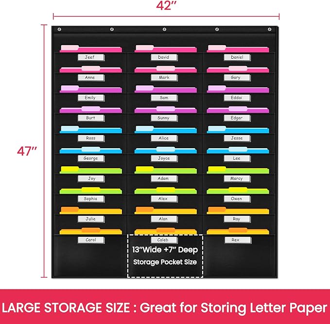Godery School Pocket Chart, 30 Signatory Pocket, Heavy Duty Hanging File Folders Pocket Chart Cascading Organizer & 5 Hangers Hooks, Perfect for Classroom, School, Office or Home Use