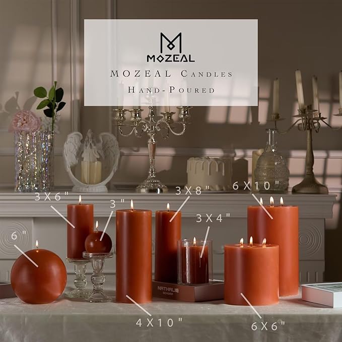 MOZEAL 3" x 4" Hand-Poured Unscented Candle, Dripless Pillar Candle Set of 3, Long Clean Burning, Approx 72 Hours Burn Time, Rustic Country Style, Wedding, Autumn, Home Decor, Burnt Orange
