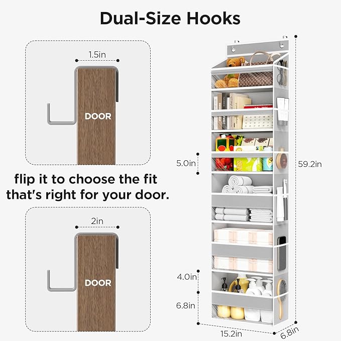 Mefirt Over The Door Organizer, 6 Shelf Door Hanging Organizers with 6 Large Capacity Pockets, Behind Door Storage Hanging Shelves for Closet Wall Bathroom Bedroom Nursery