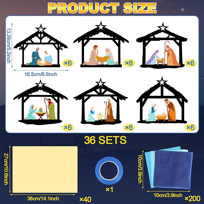 Qyeahkj 36 Set Christmas Nativity Suncatchers Crafts for DIY Nativity Scene Window Tissue Paper Craft Kit Hanging Decor for Xmas Holiday Home Activity Art Project Birthday Party Favor Gift