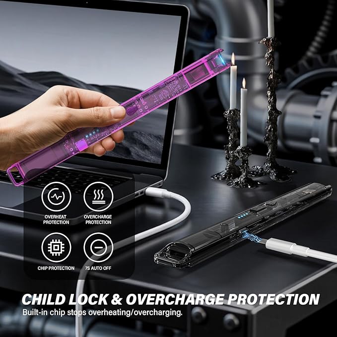 KTEBO 2 Pack Electric Candle Lighters - 7.4 inch Long USB Rechargeable Plasma Arc Lighter with Safety Lock, Windproof Lighter for Candles, Grill, Camping - See-Through Tech Design, Stocking Stuffers