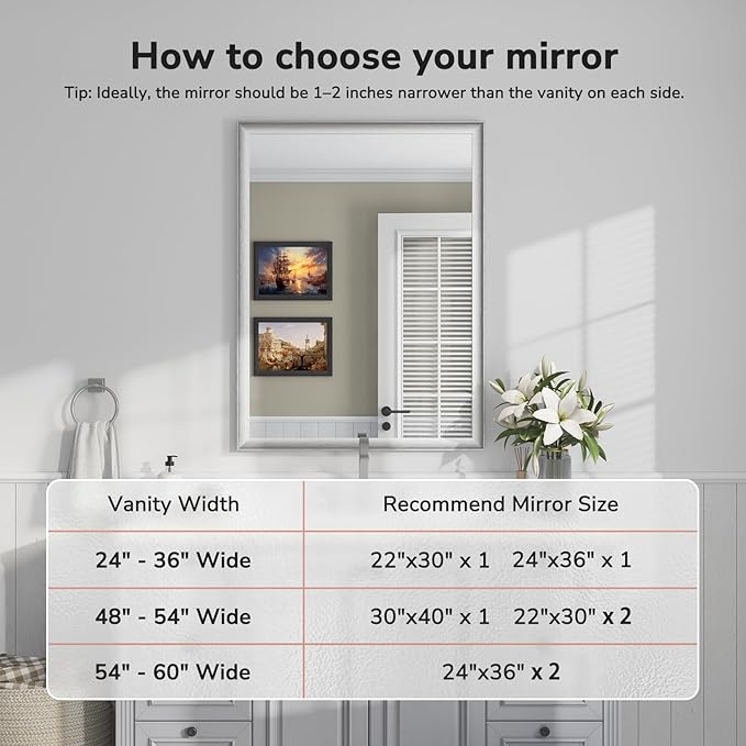 USHOWER Brushed Nickel Bathroom Mirrors for Over Sink 30x40 Inch, Metal Framed Rectangle Vanity Mirror for Wall, Bedroom, Living Room, Entryway, Anti-Rust, HD Tempered Glass, Horizontal/Vertical