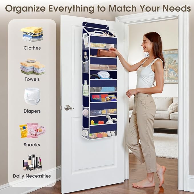 SpaceHacks 2 Pack Over The Door Organizer, Hanging Storage Organizer with Clear Window, 40lb Ultra Sturdy Large Capacity Room Organizer for Pantry Laundry Bathroom Nursery Closet (Grey)