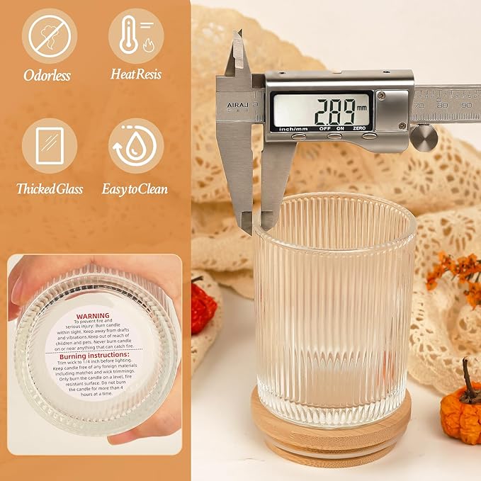 CONNOO 16 Pack 7 OZ Thick Ribbed Glass Candle Jars for Making Candles with Airtight Bamboo Lids, Wicks & Stickers, for DIY Candle Making, Bulk Orders, Gifts & Home Décor, Clear