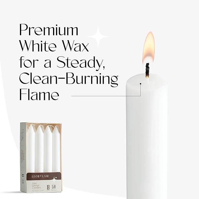 Leor & Lair 6 Inch Short Taper Candles – Pack of 8 White Candlesticks – Unscented Short Candle Sticks with Cotton Wick – 5 Hour Burn Small Taper Candles for Christmas, Weddings, Dinner