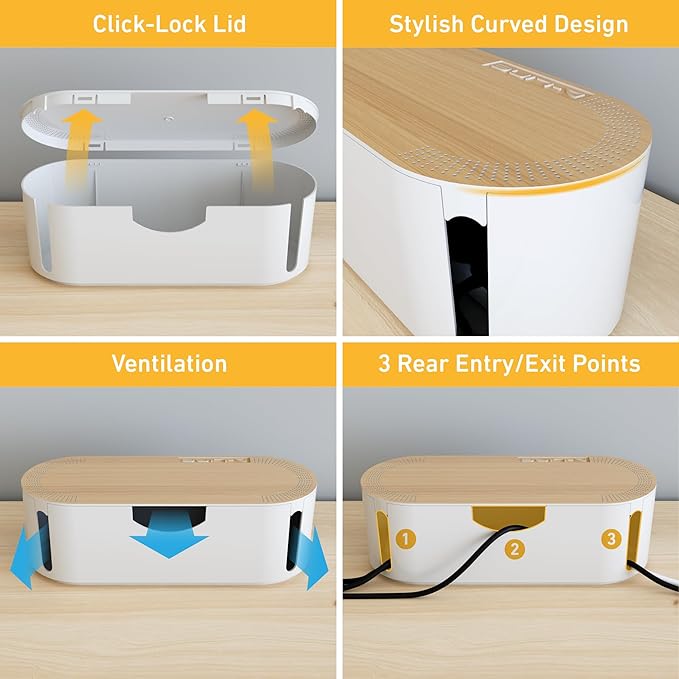 D-Line Cable Management Box with 6 AC Outlet 6ft Power Strip, Hide Extension Cords and Excess Wire Clutter, 16.5in (L) x 4.5in (H) x 5in (W) - Large, White with Wood-Lid