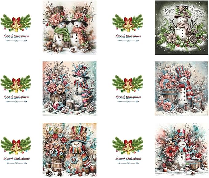 6PCS DIY Diamond Art Christmas Cards with Envelopes, Festive Holiday Greeting Cards Kit, Snowman Christmas Diamond Art Kits for Adults Kids Gifts
