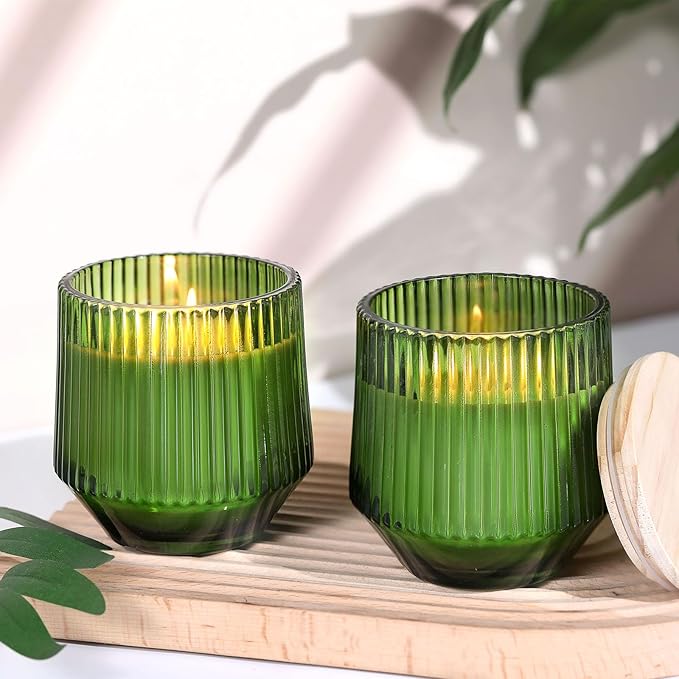 simeitol 13 OZ Candle Jar for Making Candles - 6 Pack Green Candle Jars, Ribbed Glass Candle Jars Bulk, with Bamboo Lids and Candle Wick Kit, Candle Making Kit for Making Candle Containers