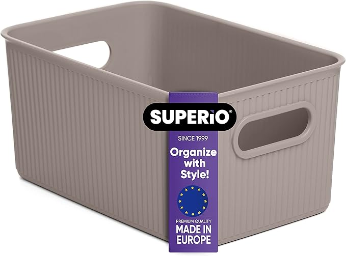 Superio Ribbed Collection - Decorative Plastic Basket Open Home Storage Bins Organizer, Medium Taupe (1 Pack) Container Boxes for Organizing Closet Storage Bins for Shelves Drawer Shelf 5 Liter