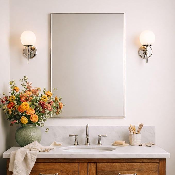 TEHOME Chrome Bathroom Vanity Mirror with Squared Corners, 20x28'' Silver Rectangle Stainless Steel Metal Framed Mirror for Bathroom