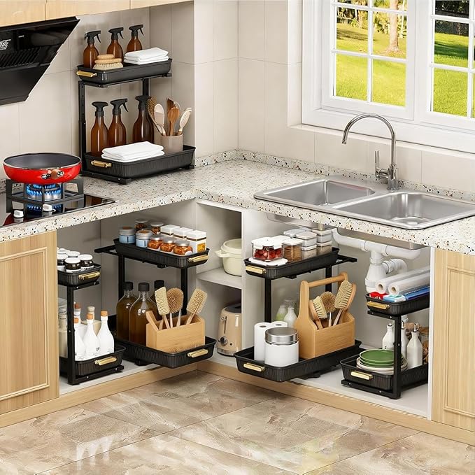 Under Sink Organizer - 2 Packs Multi-Purpose Pull-Out Storage Organizers, Slide out Pull out Cabinet Organizer Shelf, Storage for Kitchen Bathroom, Black