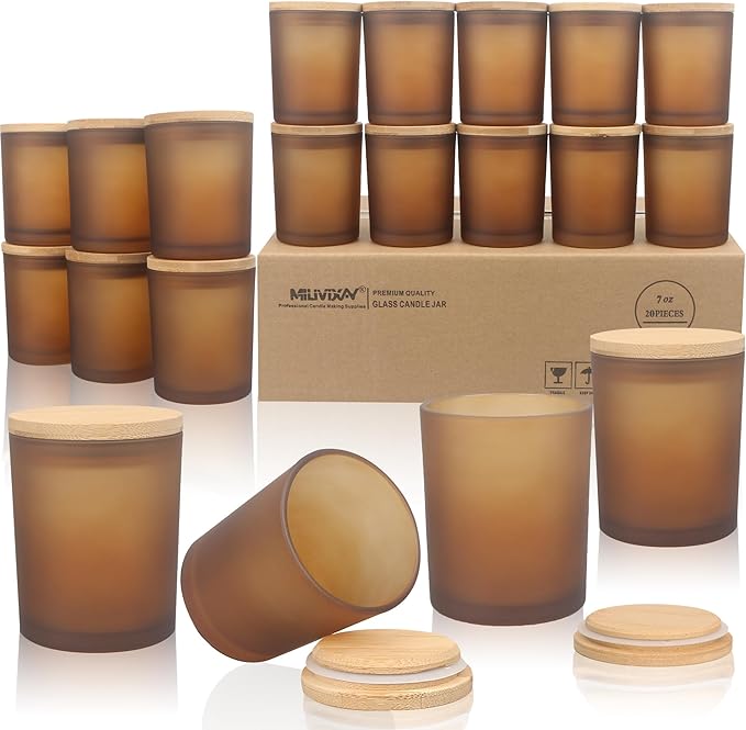 MILIVIXAY 20 Pack 7 OZ Frosted Amber Thick Glass Candle Jars with Lids - Bulk Empty Candle Jars for Making Candles - Spice, Powder Containers.