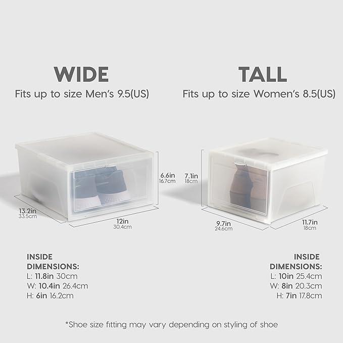 IRIS USA Stackable Shoe Storage Box with Latch Drop Front Door, 6-Pack, for Scarf Game Organizer Container with Ventilation Holes for Closet Under Bed Entryway Storage, Strudy, Wide, Clear