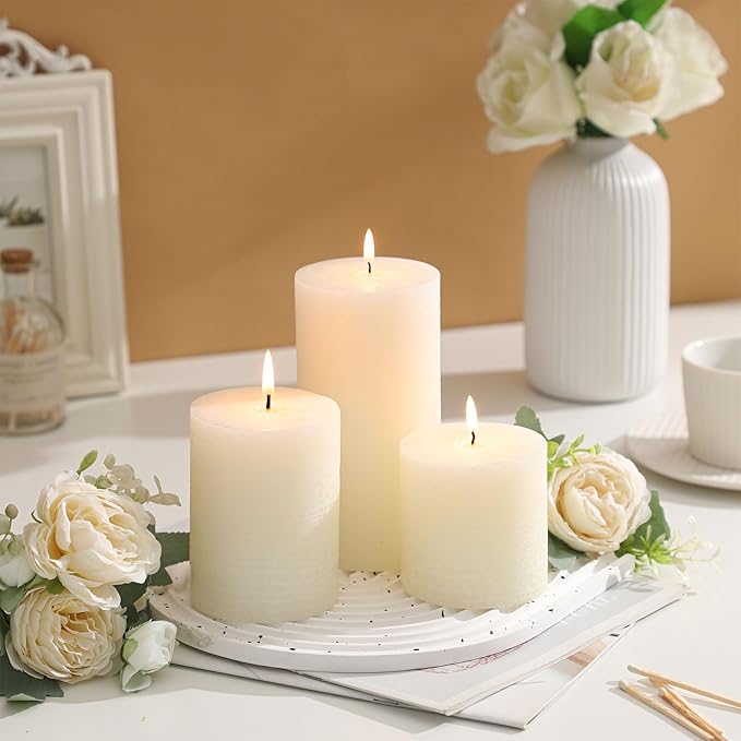 3x3 Inch White Pillar Candles - Set of 3, Hand-Poured Unscented, Long Burning, Smokeless Dripless for Dinner Table, Wedding, Home, Bathroom, Rustic Decor