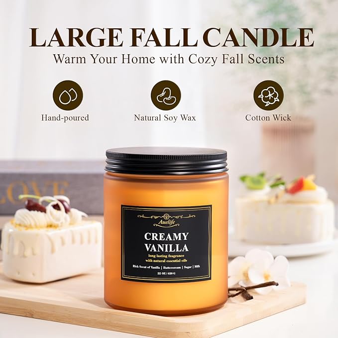 Auelife Creamy Vanilla Scented Candle – 22oz Large 3-Wick Christmas Soy Candle, Sweet Long Lasting Winter Candles for Home, Cozy Candles Gifts for Women & Men