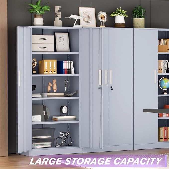 Superday Metal Storage Cabinets, 71" Storage Cabinet with Locking Door, Tall Garage Cabinet with 2 Doors and 4 Adjustable Shelves for Home Office, Classroom, Easy Assemble(Grey)