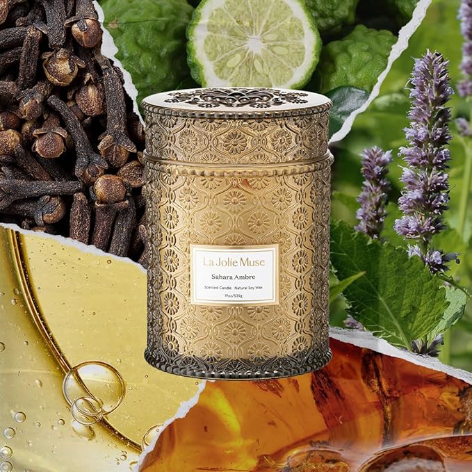 LA JOLIE MUSE | Sahara Amber Candle | Bergamot, Clove & Amber | 19 oz Wooden Wick | Natural Soy Wax | 90 Hours Clean Burn | Gift-Ready for Cozy Nights | Elevated Fall Décor