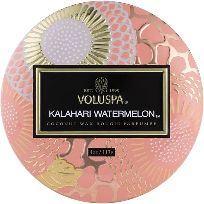 Voluspa Kalahari Watermelon, Mini Tin Candle, 4 oz, 25 Hour Burn Time, Coconut Wax Candle for The Home, Handcrafted in The USA