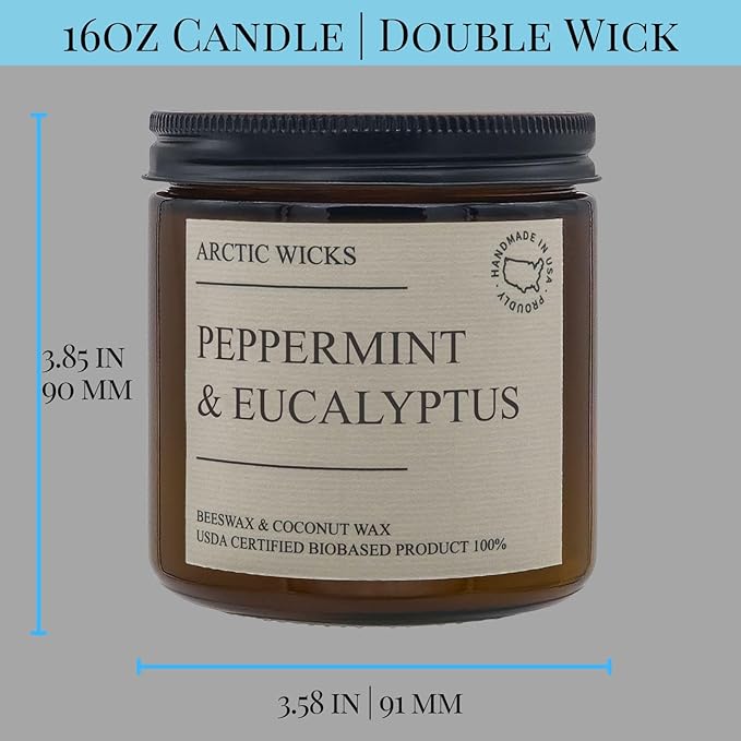 Peppermint & Eucalyptus Candle | Arctic Wicks Non Toxic Coconut Beeswax Candles | Natural Coconut Beeswax 16oz Amber Jar | Spa Wellness Candles Wax Non-Toxic Clean Burn 100% USDA Certified Biobased